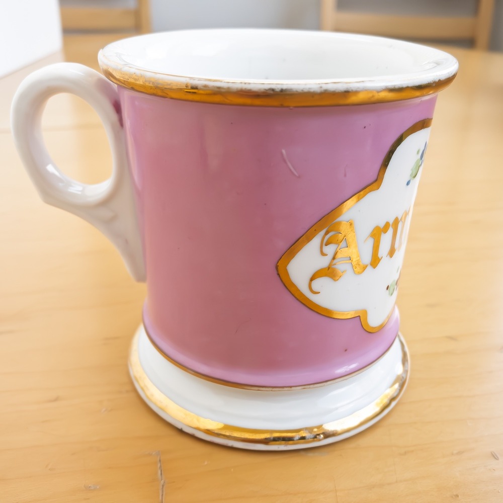 Victorian/Edwardian Shaving Mug Pink Floral Decoration Gold Gilt Porcelain
